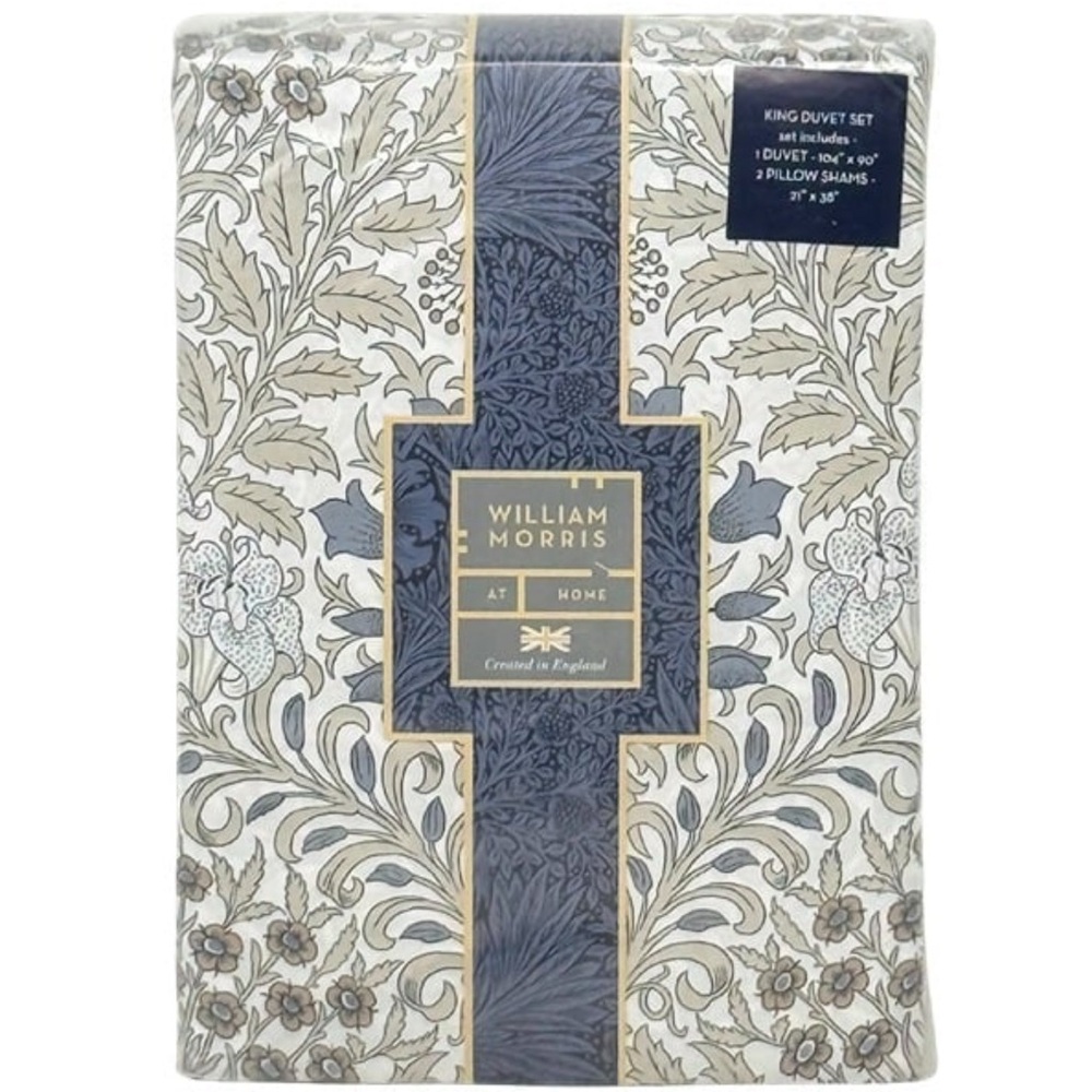 WILLIAM MORRIS England KING Cotton Percale Garden Natural & Blue Duvet Cover Set